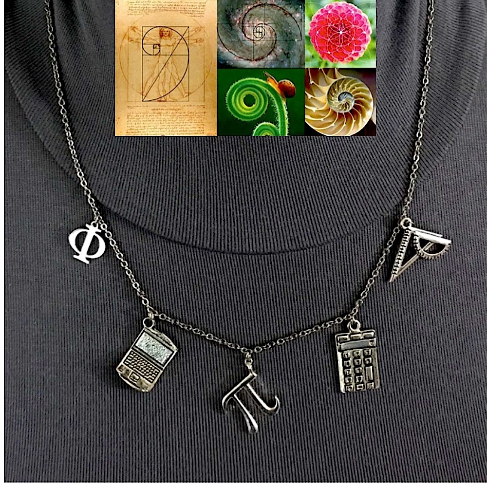 “Math Wiz" Handmade Charm Necklace, Calculator, Computer, Phi, Pi, Protractor